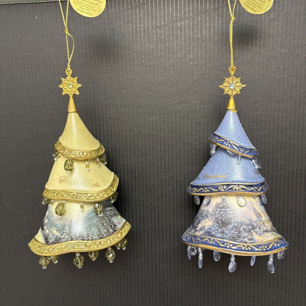 Thomas Kinkade Classic Ornaments, Decorated Christmas Tree, Bells, Night Before